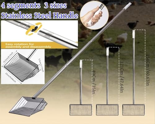 Foandbevi Large Metal Chicken Poop Scooper, 4-in-1 Detachable Tool 20 to 63 inches, Metal Handle, Stainless Steel Chicken Coop Cleaning Tool, Heavy-Duty Poop Shovel for Chicken Coop Accessories - size: Large 10'' Wide