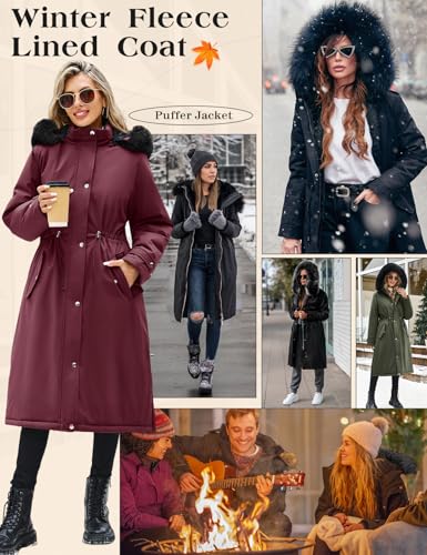 Womens Long Puffer Winter Coats Fleece Jacket Down Parka Warm Overcoat Thicken Quilted Jacket Removable Fur Coat - color: Wine Red, size: Medium