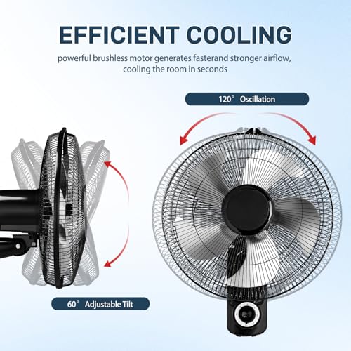 Winado 16 inch Oscillating Wall Mount Fan, Quiet 3-Speed Indoor Fan with 60° Adjustable Tilt, Pull-Chain Easy to Control, Space-Saving Cooling for Home, Office, Greenhouse