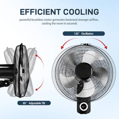 Winado 16 inch Oscillating Wall Mount Fan, Quiet 3-Speed Indoor Fan with 60° Adjustable Tilt, Pull-Chain Easy to Control, Space-Saving Cooling for Home, Office, Greenhouse