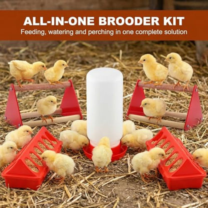 5-Pack Chick Feeder and Waterer, Baby Poultry Starter Set with 2 Feeder Troughs, 1L Waterer & 2 Wooden Perches, Small Chick Brooder Accessories for Chicken, Duck & Quail