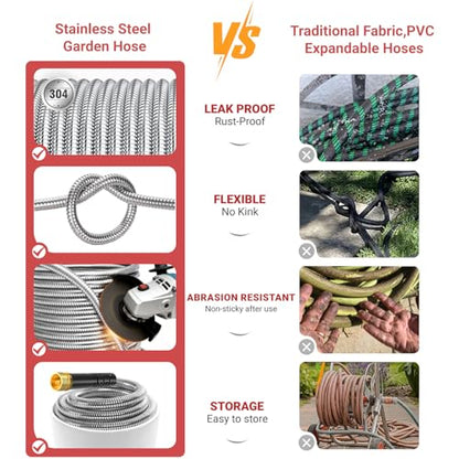 Lefree 100ft Metal Garden Hose - Heavy Duty 304 Stainless Steel Flexible Water Hose, No Kinks & Leak-Proof with Upgraded Handle, 10-Function Spray Nozzle & 4 Spare Gaskets for Yard, RV, Pet Bath - color: Gray, size: 100FT