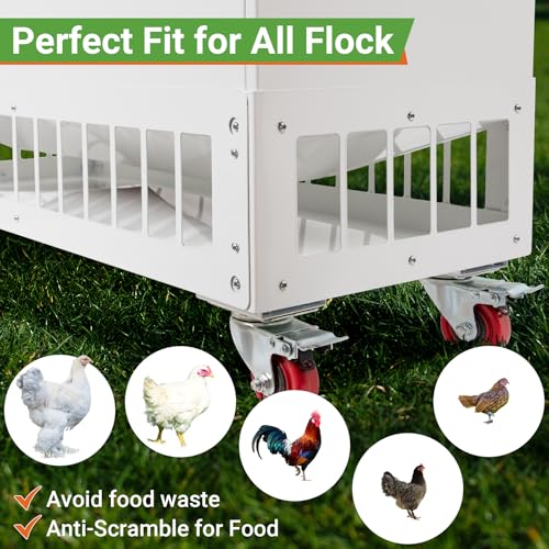 120LBS Chicken Feeder with Grille & Wheels, No-Waste Feeder w/ 38 Ports for 20 Chickens, Powder-Coated Steel Feeder w/Waterproof Lid, 37.6”x14.6”x26.2” - size: 120LBS