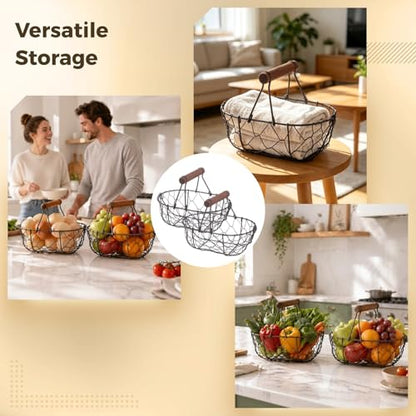 2 Pcs Chicken Wire Egg Baskets, Farmhouse Chicken Egg Collecting Baskets, Rustic Metal torages with Wooden Handle, Small Stackable Holders for Fruits, Vegetables, Sundries