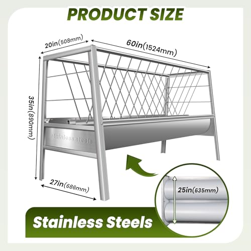 85 Gallon Pasture Hay Feeder Stainless Steel, Larger Capacity 5 FT Livestock Feeder with Hay Rack and Feed Pan, 2 in 1 Outdoor Feeding System for Goats and Sheep