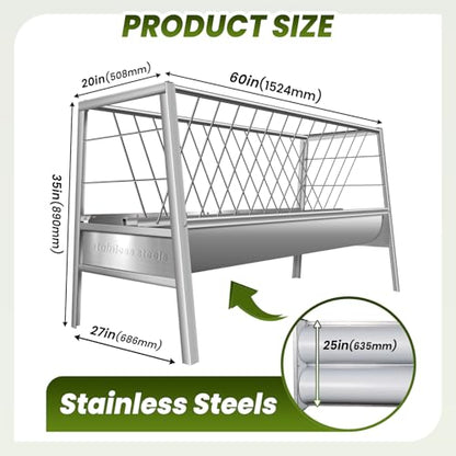 85 Gallon Pasture Hay Feeder, 5 FT Stainless Steel Livestock Feeder with Hay Rack & Feed Pan, 2 in 1 Design, Easy Assembly Outdoor Feed Trough for Goats and Sheep