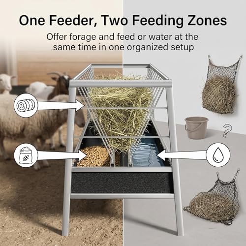Stainless Steel Goat Feeder, 77 Gallon Anti-Waste Livestock Feeder, 2-in-1 Hay Rack & Rubber Trough, Heavy Duty Elevated Design for Goats, Sheep, Cattle, Use in Barn, Shed, Outdoor Pen