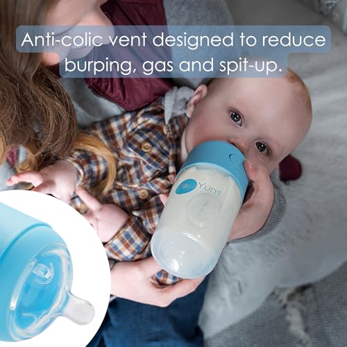 PopYum 9 oz Blue Anti-Colic Formula Making Baby Bottles, 3-Pack | #2 Medium Flow Nipples, 260 ml, BPA-Free, Natural Latch, Mixing Dispenser - color: Blue, size: 9 Ounce (Pack of 3)