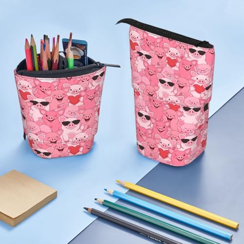 Funny Pink Pig Standing Pencil Case Cute Telescopic Stationary Pouch with Zipper Large Capacity Stand up Pen Bag Portable Makeup Holder for School Office Supplies - color: Pig