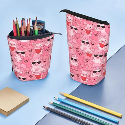Funny Pink Pig Standing Pencil Case Cute Telescopic Stationary Pouch with Zipper Large Capacity Stand up Pen Bag Portable Makeup Holder for School Office Supplies - color: Pig