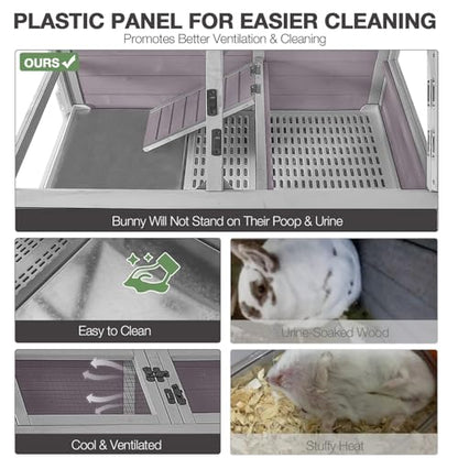 Large Guinea Pig Cages Indoor with Wheels, Wooden Rabbit Hutch with Plastic Floor and Zinc Cool Plate, Anti-Chewing Ramp, Small Animal Habitat with Leakproof Tray for Hamster, Chinchillas, Rats - color: Light Grey