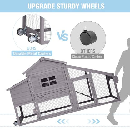 Mobile Chicken Coop with Wheels, Large Wooden Hen House with Run, Chicken Tractor with Waterproof Roof, Nesting Box & Pull-Out Tray, Outdoor Poultry Cage for Backyard Chickens/Rabbits (Grey) - color: Grey