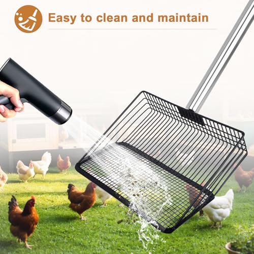 10in Wide Stainless Steel Chicken Poop Scooper with Adjustable Handle,36"-62" Long,Detailed mesh Design,Easy to Use Cleaning Tool for Chicken Coop, Sand Sifting