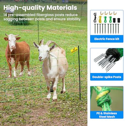 Electric Fence Netting, 42.5" H x 164'L, Electric Netting Fence for Cattle, Sheep, Goat, Hogs, Pre-Assembled, 14 Posts Double Spiked, Portable Livestock Nets Used in Backyards, Farms and Ranches