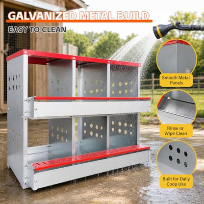 6-Compartment Roll Away Chicken Nesting Box for Hens, 32.6 Inch | Metal build, Egg collection tray, Perch, Protective lid, Wall mount, Freestanding setup, Ducks, Backyard coop, Barn supply - size: 32.6"L x 16.9"W x 24.4"H