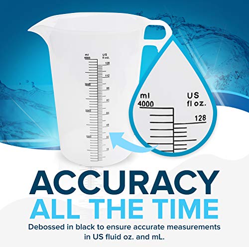 ACCUPOUR 128oz (1 gallon) Measuring Pitcher, Plastic, Multipurpose - Great for Oil, Chemicals, Pool and Lawn - Ounce (oz) and Milliliter (mL) Increments (4000 mL) - size: 128oz