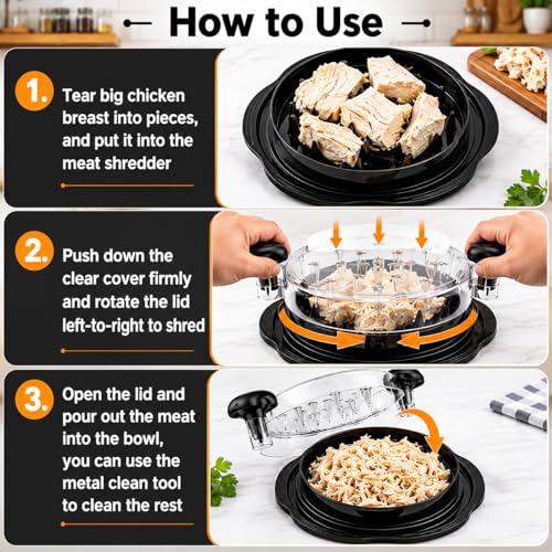 Premium Large Chicken Shredder Tool with Suction Base 2026 – Twist Meat Shredder with Ergonomic Handle & Anti-Slip Grip – Transparent Lid for Easy Shredding Chicken & Beef - color: Black