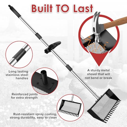 Sand Flea Rake, Heavy Duty Sand Sifter with 23" - 66" Adjustable Stainless Steel Handle, Large Litter Scoop for Beach, Chicken Coop, Farm, Garden & Yard