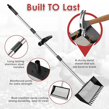 Sand Flea Rake, Heavy Duty Sand Sifter with 23" - 66" Adjustable Stainless Steel Handle, Large Litter Scoop for Beach, Chicken Coop, Farm, Garden & Yard