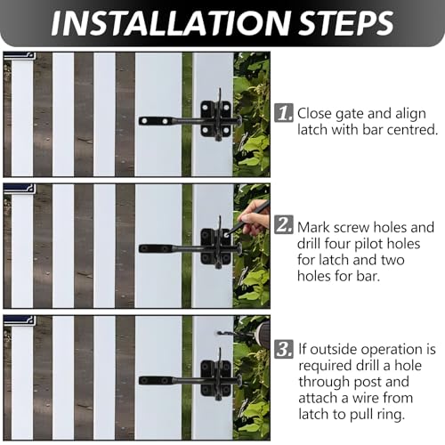 Self-Locking Gate Latch for Wooden Fence Heavy Duty, Automatic Gravity Lever Gate Latches with Longer Fasteners & Pull String for Garden, Outdoor Farm Garden Yard