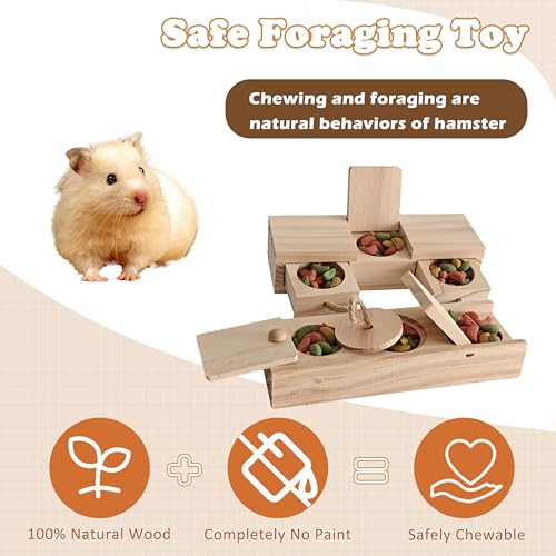 2 PCS Wooden Foraging Toys for Guinea Pigs, Hamsters & Chinchillas, Small Pet Puzzle Feeder with Drawers and Ropes, Natural Wood Chew Enrichment Activity Toy