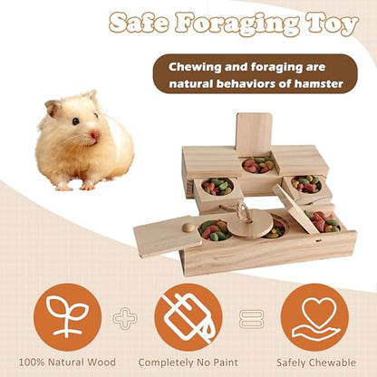2 PCS Wooden Foraging Toys for Guinea Pigs, Hamsters & Chinchillas, Small Pet Puzzle Feeder with Drawers and Ropes, Natural Wood Chew Enrichment Activity Toy