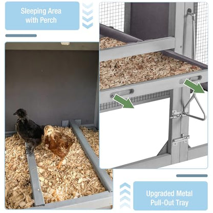 Large Chicken Coop with Run, 80.5’’ Chicken Tractor with Wheels, Wooden Hen House Poultry Cage with Plastic Waterproof Roof and Nesting Box, Leakproof Pull-Out Tray - color: Grey, size: 80.5"L x 21.2"W x 42.5"H