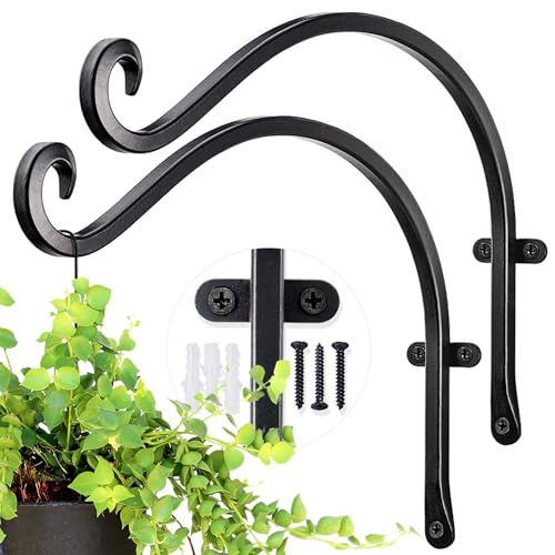 AJART Heavy-Duty Plant Hanger Outdoor - Can Hold 50 Lbs Plant Basket or Large Bird Feeder - 12 Inch Solid Iron Windproof, Rustproof Wall Hooks - with Triangular Stability - 2 Pieces - size: 12 Inch, style: Plant Bracket Hook