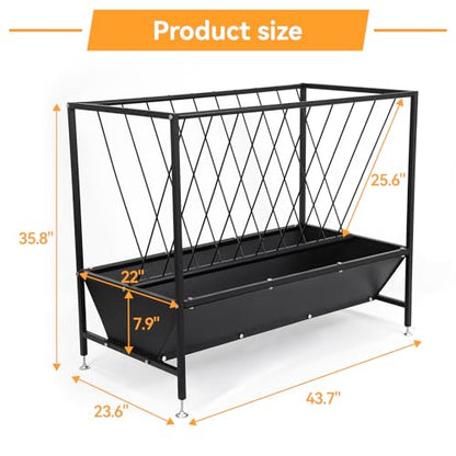 70 Gallon Pasture Hay Feeder, Heavy-Duty 2-in-1 Livestock Feeder with Grain Trough, Galvanized Steel Hay Rack for Goats, Sheep, Calves & Miniature Horses, Weather Resistant Farm Manger