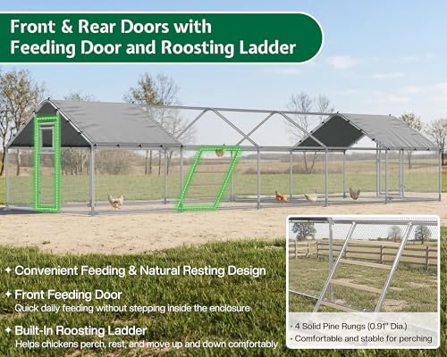 32×10 FT Extra Large Walk-in Chicken Coop, Spire Roof Chicken Run with Cover, Front & Rear Doors, Feeding Door, Roosting Ladder, Galvanized Steel Frame - size: 372.4"L x 118.1"W x 77.6"H
