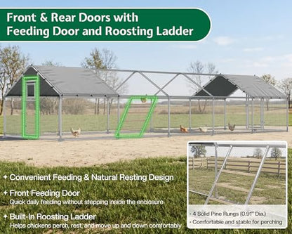 32×10 FT Extra Large Walk-in Chicken Coop, Spire Roof Chicken Run with Cover, Front & Rear Doors, Feeding Door, Roosting Ladder, Galvanized Steel Frame - size: 372.4"L x 118.1"W x 77.6"H
