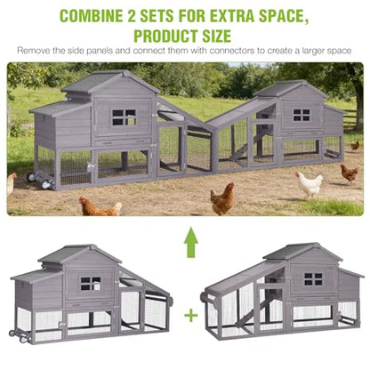 GUTINNEEN Large Chicken Coop on Wheels, Expandable Outdoor Mobile Chicken House, Hen House Poultry Cage with Nesting Box, Leakproof Pull-Out Tray & UV-Resistant Roof – Grey - color: (Grey)