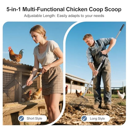 15inch Large Chicken Poop Scooper with Ergonomic Grip, 5 in 1 Adjustable Chicken Coop Pooper Shovel (24 to 76.5"), Stainless Steel Litter Sifting Shovel Scoop for Chicken Coop/Goat Stall/Stable