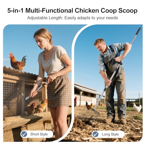 15" Widely Chicken Coop Poop Scooper- Ergonomic Chicken Poop Scooper with 38" to 77" Adjustable Long Handle, Extra-Large Scoop for Sand and Litter, Easy-to-Clean, Multi-Scene Use for Poultry