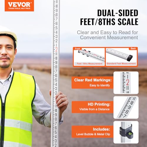 VEVOR Aluminum Grade Telescopic Measuring Rod, 9-Feet 3 Sections, Double-Sided 1/8in Leveling Rod with Bubble Level & Carrying Bag for Houses, Walls, Floors - size: 9 FT-8ths