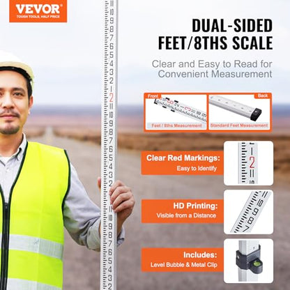 VEVOR Aluminum Grade Telescopic Measuring Rod, 9-Feet 3 Sections, Double-Sided 1/8in Leveling Rod with Bubble Level & Carrying Bag for Houses, Walls, Floors - size: 9 FT-8ths
