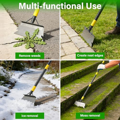Weed Scraper Tool for Driveway Cracks, Long Handle Floor Scraper for Removing Weeds, Moss & Dirt, Heavy Duty Rustproof Metal Blade, Stand-Up Weeder for Sidewalk, Patio & Lawn Edging