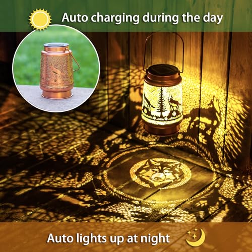 2 Pack Wolf Solar Lanterns Outdoor Waterproof Hanging Lights for Garden Decor, Yard, Patio, Lawn, Tabletop, Pathway, Landscape - Metal Decorative LED Lanterns, Gifts for Women Men - style: 2 Pack Wolf