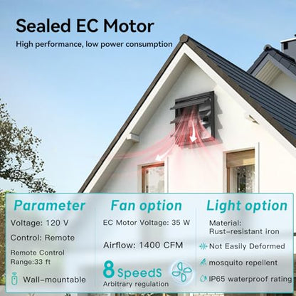 addlon 14 Inch Shutter Exhaust Fan Wall Mounted with 35W EC Motors and Remote, 1400CFM, Timer, 8 Speeds, Low Noise, Easy to Install, Plug in Ventilation Fan for Garages,Greenhouse, Attic, Chicken Coop - size: 14 inch