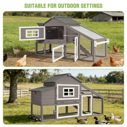 GUTINNEEN Large Chicken Coop with Wheels, Expandable Mobile Outdoor Chicken House, Hen House Poultry Cage with Nesting Box, Leakproof Pull-Out Tray & UV-Resistant Roof – Brown - color: (Brown)