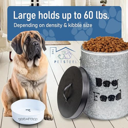 Large Dog 60lb Pet Food Storage Canister or Dog Bin with Scoop – Durable & Airtight for Freshnesss, Minimalist Design & Recyclable, Huge Large Metal Container - size: Large Dog 60lb