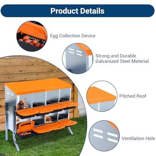 GarveeLife Chicken Nesting Box, 8 Compartments Nesting Boxes for Chickens, Chicken Laying Boxes with Legs, Roll Away Nesting Box for Chickens Laying Egg with Lid Cover to Protect Eggs, Orange