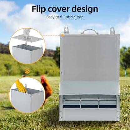 Galvanized Chicken Feeder Outdoor Poultry Feeder w/Lid Weatherproof,Easy refilling and Cleaning.NO Mess! NO Waste! (30LB Capacity)