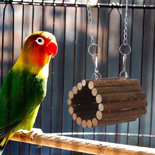Toyvian Wooden Parrot Swing and Small Animal Tunnel with Hanging Chain, Interactive Climbing Chew for Birds and Hamsters, Natural Pet Foraging Hammock for Cage Accessories