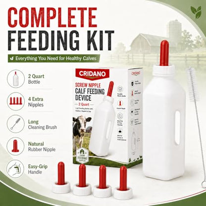 Calf Feeding Bottle 2 Quart with Screw Nipple, Livestock Nursing Bottle Kit with 4 Extra Rubber Nipples & Long Cleaning Brush, Easy-Grip Milk Bottle for Calves, Lambs, Goat Kids, Farm Feeding Supplies
