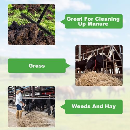lukar 2 Sets Metal Manure Fork with Long Metal Handle, 18 Tines Manure Fork Head Horse Manure Rake, Heavy Duty Gardening Muck Rake for Picking Up Manure, Grass and Hay