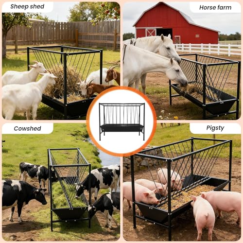 Pasture Hay Feeder 70 Gallon, Heavy-Duty Hay Grain Livestock Feeder, Carbon Steel Metal Goat Hay Feeder for Sheep, Calf, Cow and Horse, Quick to Assemble - color: Black