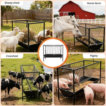 Pasture Hay Feeder 70 Gallon, Heavy-Duty Hay Grain Livestock Feeder, Carbon Steel Metal Goat Hay Feeder for Sheep, Calf, Cow and Horse, Quick to Assemble - color: Black