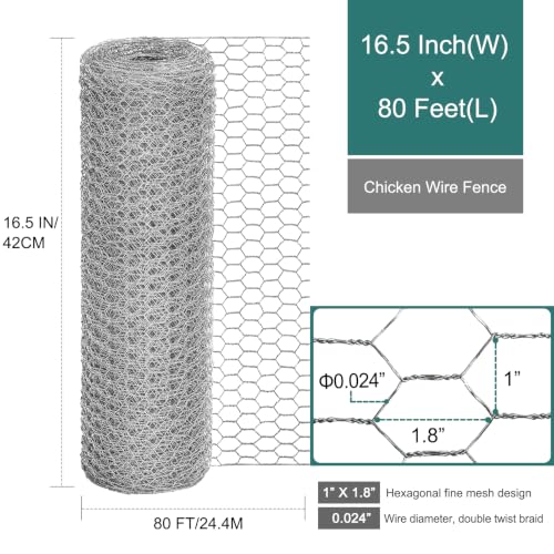 Chicken Wire Fencing, 16.5 Inch x 80 Feet Chicken Wire Mesh Roll for Garden Plants, 1 Inch Mesh Hexagonal Galvanized Metal Poultry Wire Netting for Chicken Coop Rabbit Dogs Barrier - size: 16.5 x 960 Inches-1 Inch Mesh