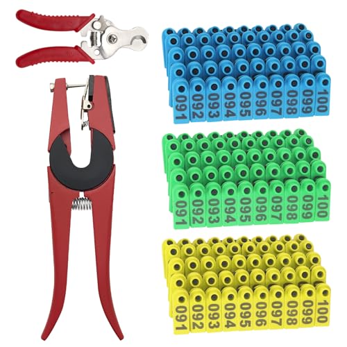 300Pcs Sheep Ear Tags 001-100 Number Livestock Ear Tags with Ear Tags Applicator and Remove Pilers Kit Animal Identification Tags for Goat Horse Cow Goat Sheep